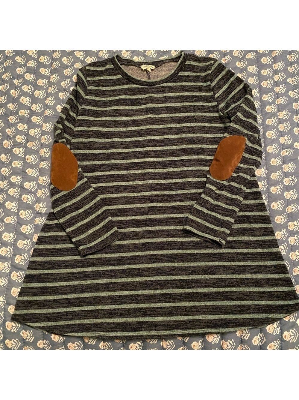 Navy blue and light blue striped elbow patch tunic sweater